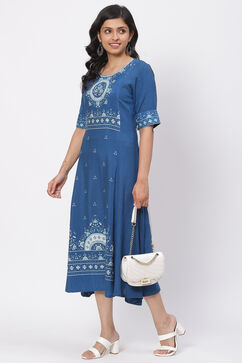 Indigo LIVA Asymmetric Kurta Dress image number 5