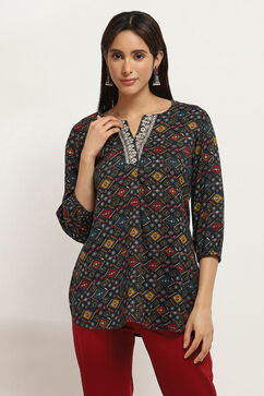 Blue Viscose Blend Printed Straight Top image number 5