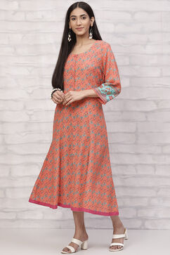 Orange LIVA Kalidar Kurta Dress image number 2