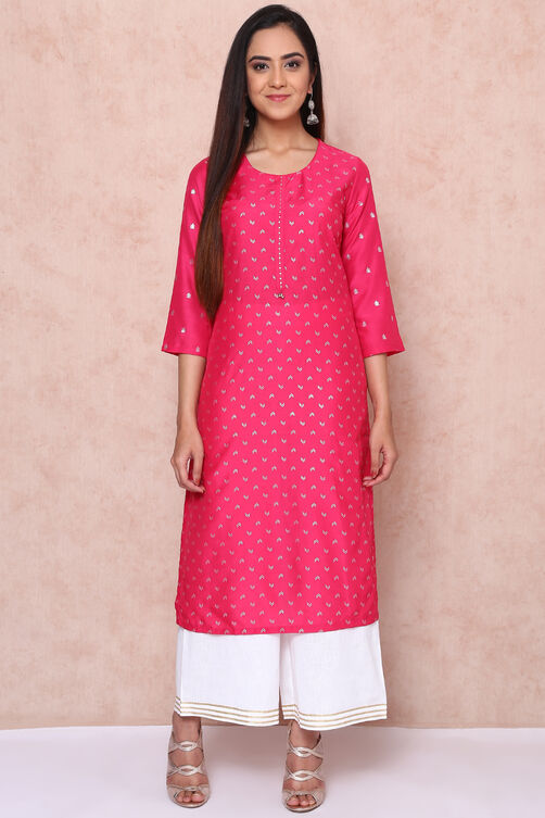 Fuschia Polyester Straight Kurta image number 0