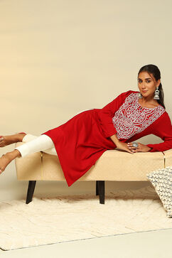 Red Acrylic Straight Kurta image number 0