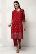 Navy Blue Cotton Printed Straight Kurta Set image number 6
