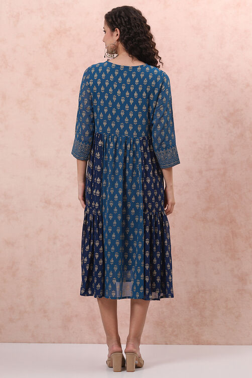 Blue Art Silk Tiered Dress image number 4