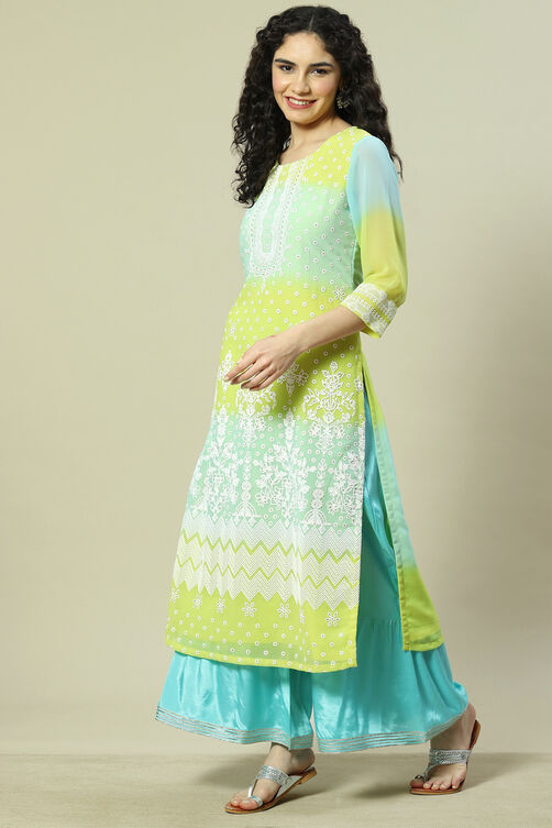 Lime Green Cotton Blend Straight Kurta image number 2
