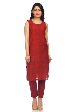 Maroon Front Open Poly Chanderi Suit Set image number 4