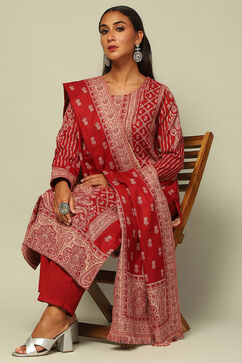 Red Acrylic Straight Yarn Dyed Kurta Palazzo Suit Set image number 0