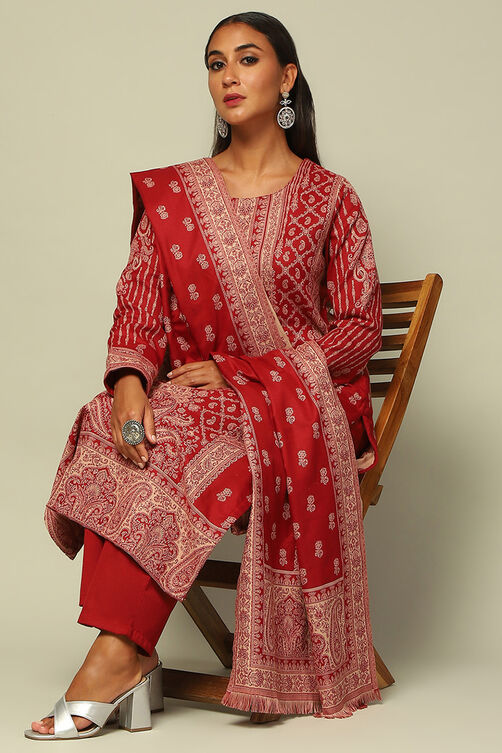 Red Acrylic Straight Yarn Dyed Kurta Palazzo Suit Set image number 0