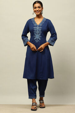 Blue Viscose Blend Straight Embroidered Kurta Palazzo Suit Set image number 0