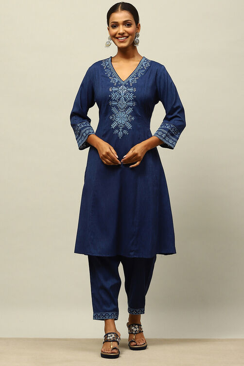 Blue Viscose Blend Straight Embroidered Kurta Palazzo Suit Set image number 0