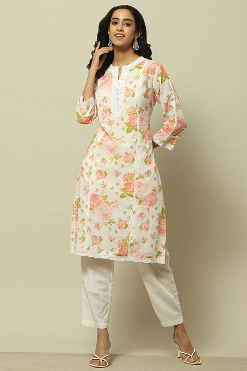 White Cambric Floral Printed Straight Kurta Set image number 0