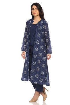Blue Front Open Poly Chanderi Suit Set image number 3