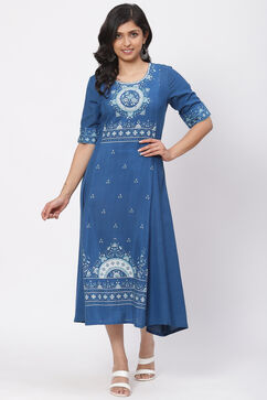 Indigo LIVA Asymmetric Kurta Dress image number 0