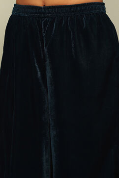 Teal Blue Poly Velvet A-Line Printed Kurta Salwar Suit Set image number 2