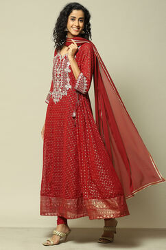 Wine Polyester Kalidar Printed Kurta Legging Suit Set image number 0