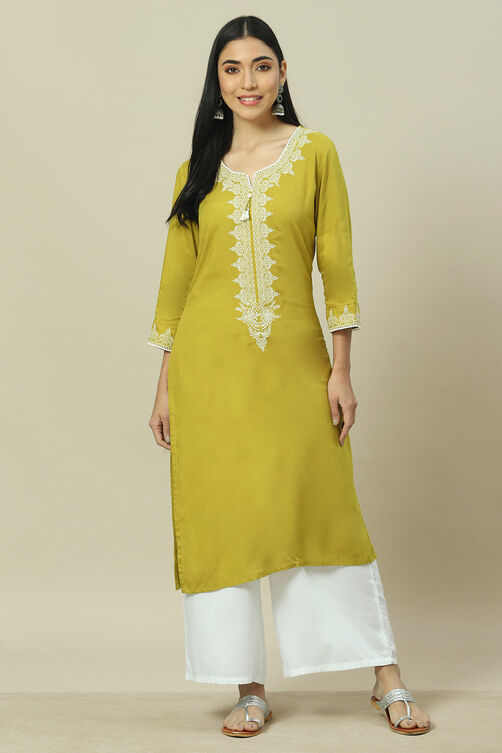 Lime Green LIVA Straight Kurta image number 5