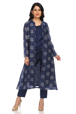 Blue Front Open Poly Chanderi Suit Set image number 0
