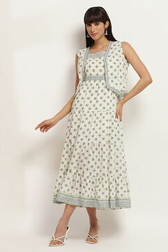 Off-White Cotton Printed Tiered Dress image number 5