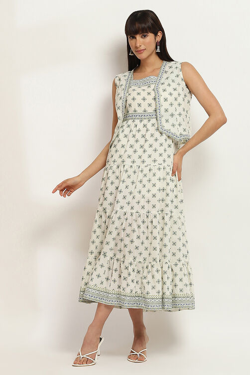 Off-White Cotton Printed Tiered Dress image number 5