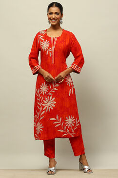 Red Rayon Printed Straight Suit Set image number 0