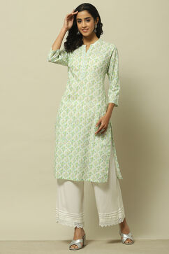 White & Green Cambric Printed Straight Kurta image number 5