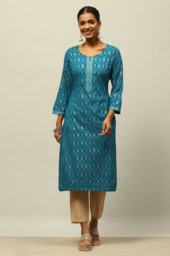 Teal Printed Straight Kurta image number 0