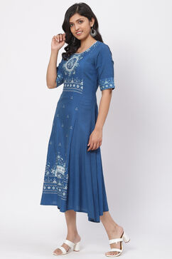 Indigo LIVA Asymmetric Kurta Dress image number 3