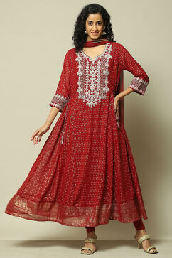 Wine Polyester Kalidar Printed Kurta Legging Suit Set image number 4