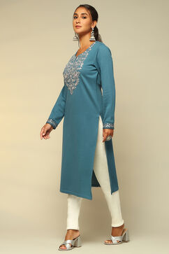 Blue Cotton Blend Straight Kurta image number 2