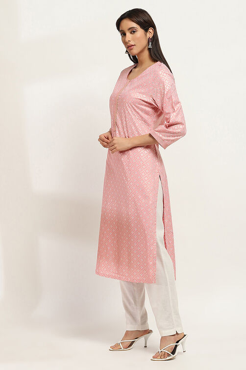 Peach-Colored Printed Straight Kurta image number 2