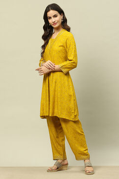 Yellow Rayon Kalidar Printed Kurta Palazzo Suit Set image number 3