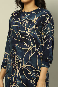 Navy Blue Floral Printed Straight Co-ord Set image number 1