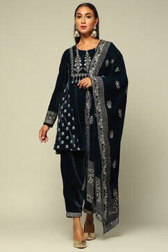 Teal Blue Poly Velvet A-Line Printed Kurta Salwar Suit Set image number 6