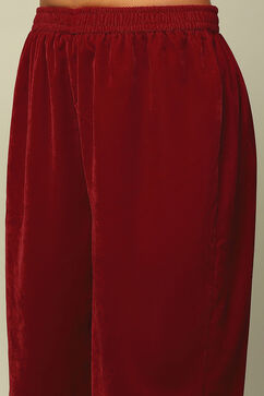 Red Poly Velvet Straight Printed Kurta Palazzo Suit Set image number 2