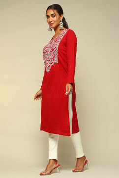 Red Acrylic Straight Kurta image number 2