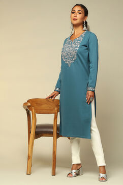 Blue Cotton Blend Straight Kurta image number 0