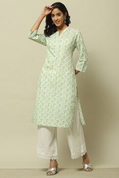 White & Green Cambric Printed Straight Kurta image number 0