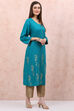 Turquoise LIVA Straight Kurta image number 3