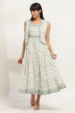 Off-White Cotton Printed Tiered Dress image number 0