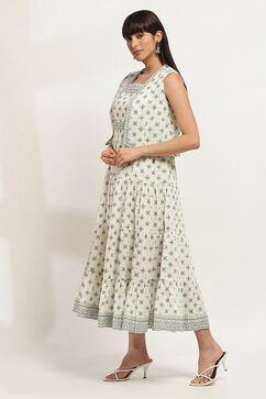 Off-White Cotton Printed Tiered Dress image number 2
