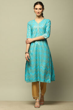 Aqua Blue Printed Straight Kurta image number 0