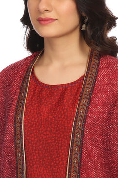 Maroon Front Open Poly Chanderi Suit Set image number 1