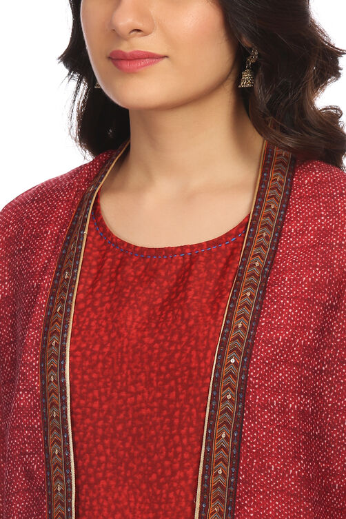 Maroon Front Open Poly Chanderi Suit Set image number 1