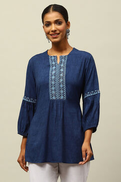 Blue Viscose Blend Embroidered Gathered Top image number 5