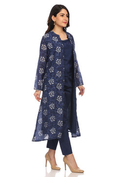 Blue Front Open Poly Chanderi Suit Set image number 2