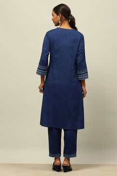 Blue Viscose Blend Straight Embroidered Kurta Palazzo Suit Set image number 4