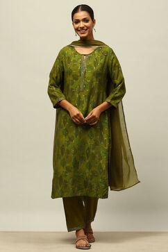 Green Printed Straight Suit Set image number 0