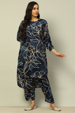 Navy Blue Floral Printed Straight Co-ord Set image number 0