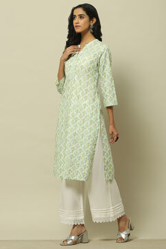 White & Green Cambric Printed Straight Kurta image number 2
