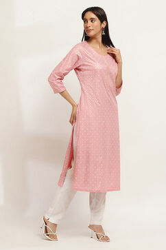 Peach-Colored Printed Straight Kurta image number 4