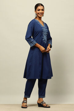 Blue Viscose Blend Straight Embroidered Kurta Palazzo Suit Set image number 5